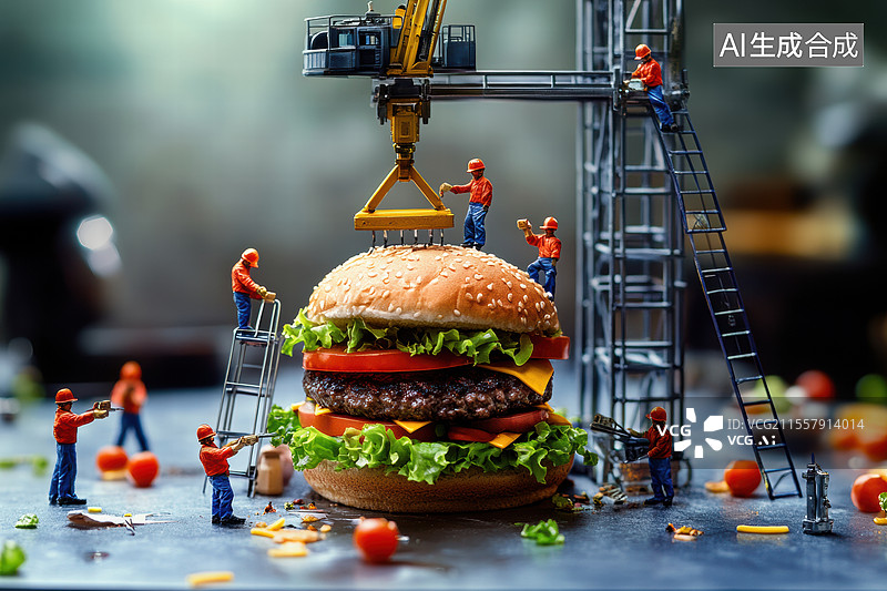 【AI数字艺术】一个充满创意的场景，一群迷你工人正在用起重机和梯子组装一个巨大的汉堡。图片素材