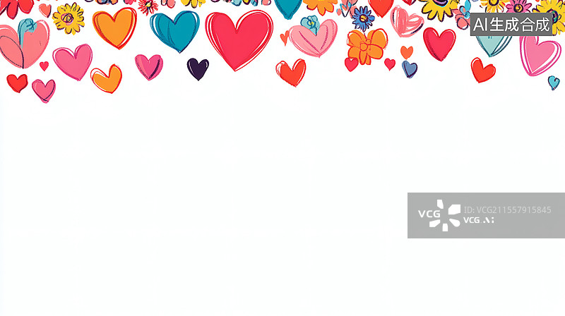 【AI数字艺术】多彩爱心与花朵边框2D卡通居上图片素材