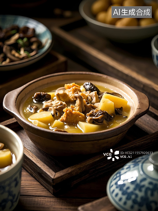 【AI数字艺术】小鸡炖蘑菇美食特写图片素材