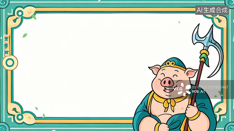 【AI数字艺术】卡通猪八戒持叉图2D卡通居右图片素材