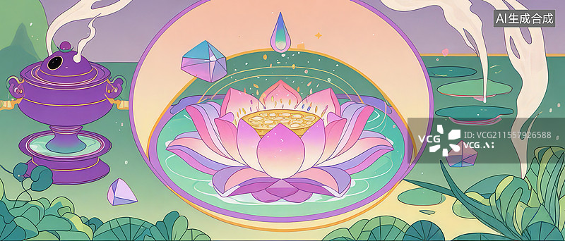 【AI数字艺术】莲花化身手绘插画：琉璃莲花台与星宿移位的灵池重塑场景图片素材