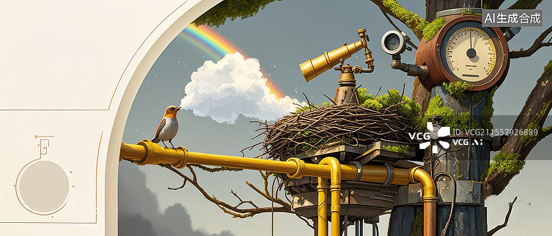 【AI数字艺术】齿轮鸟巢气象站手绘插画：机械知更鸟与彩虹蒸汽云的蒸汽朋克童趣图片素材