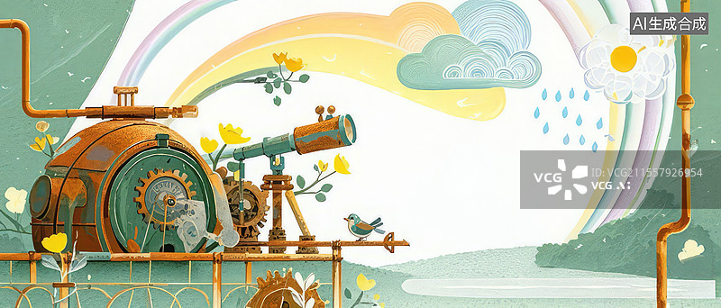 【AI数字艺术】齿轮鸟巢气象站手绘插画：机械知更鸟与彩虹蒸汽云的蒸汽朋克童趣图片素材