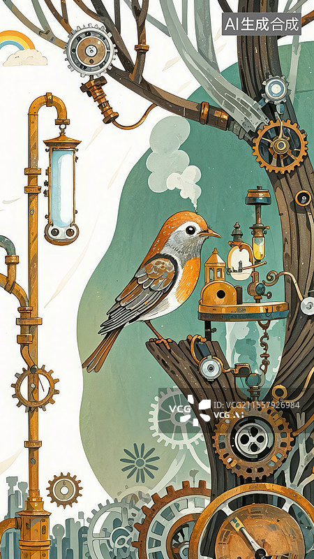 【AI数字艺术】齿轮鸟巢气象站手绘插画：机械知更鸟与彩虹蒸汽云的蒸汽朋克童趣图片素材