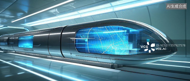 【AI数字艺术】超高速真空管道列车 - 胶囊型车厢设计，全息投影系统，发光能量带图片素材