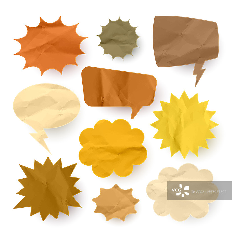 皱巴巴的棕色纸张漫画对话气泡与手图片素材