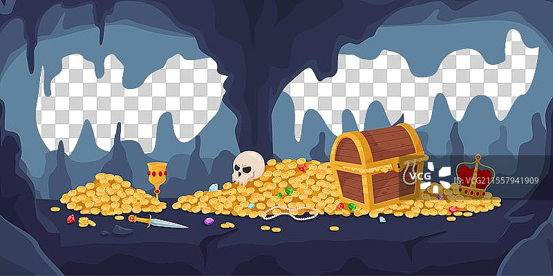 卡通洞穴与华丽的宝藏木箱图片素材