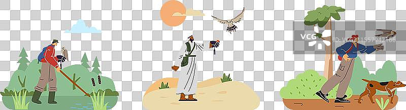 一组人以平面风格进行猎鹰术图片素材