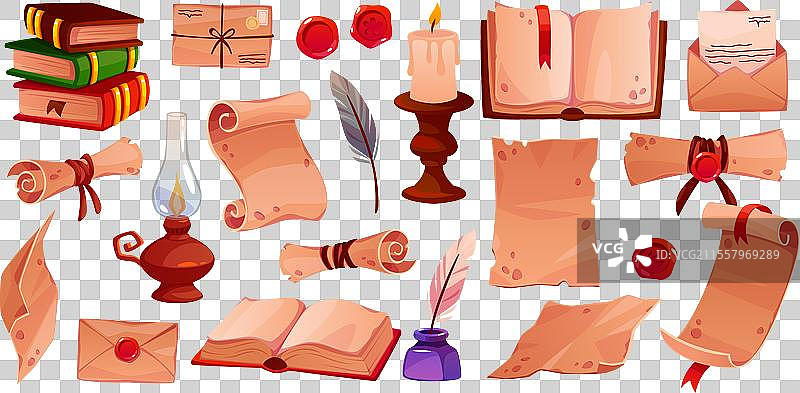 古老的纸莎草卷轴和复古书籍的幻想图片素材