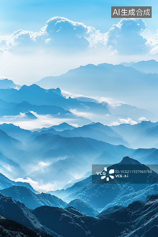 【AI数字艺术】极简风格云雾下的群山风景画图片素材