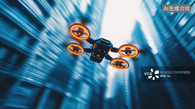 【AI数字艺术】城市中穿行的穿越机无人机科技主题场景和低空经济概念图片素材