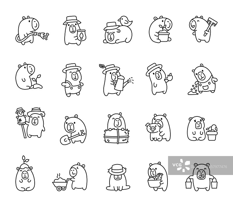 可爱动物角色的水豚农场套装图片素材