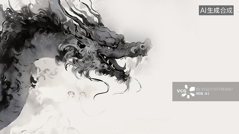 【AI数字艺术】水墨画居左背景，新国风中国龙腾云驾雾禅意大气写意绘画图片素材