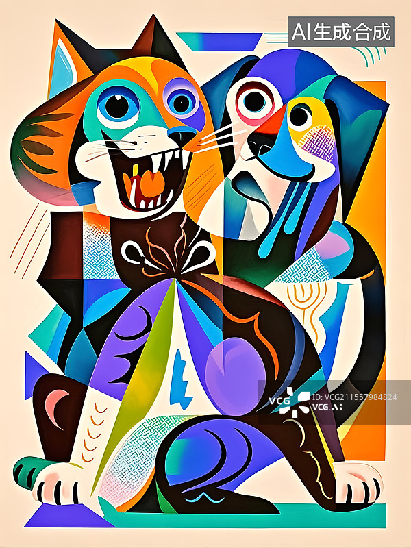 【AI数字艺术】毕加索立体派风格猫狗宠物主题抽象平面插画装饰画图片素材