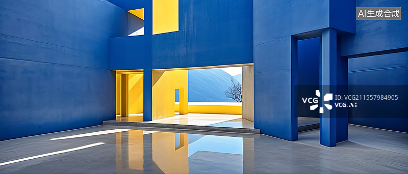 【AI数字艺术】克莱因蓝色与松花黄色搭配极简几何建筑图片素材