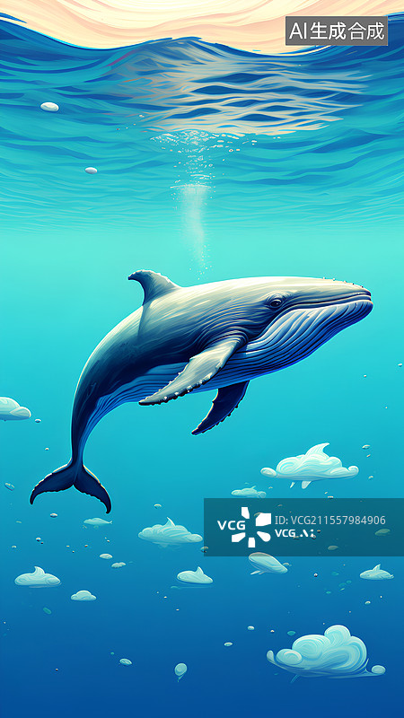 【AI数字艺术】蓝色的鲸鱼，海底的大鲸鱼图片素材
