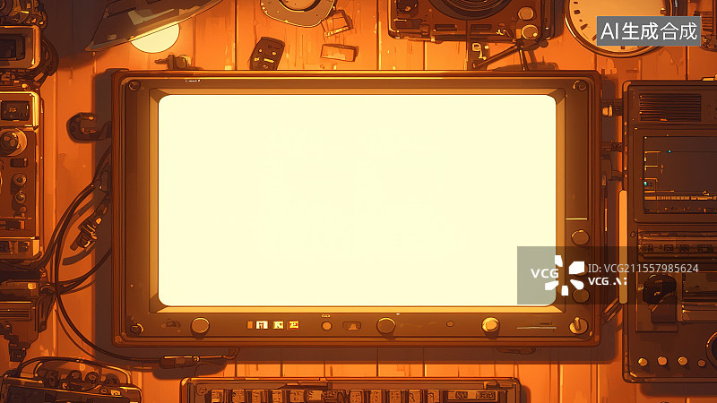 【AI数字艺术】2D卡通最大背景，电子产品数位板手绘板显示器显示屏幕 复古古典游戏设备 木制桌面 LED发光灯板图片素材