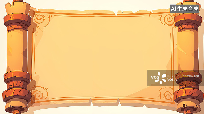 【AI数字艺术】2D卡通环绕背景，展开的画轴卷轴米黄色牛皮纸质感 欧式古典复古探险主题图纸地图 游戏图标icon素材图片素材