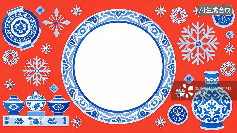 【AI数字艺术】青花瓷盘与雪花装饰2D卡通最大图片素材