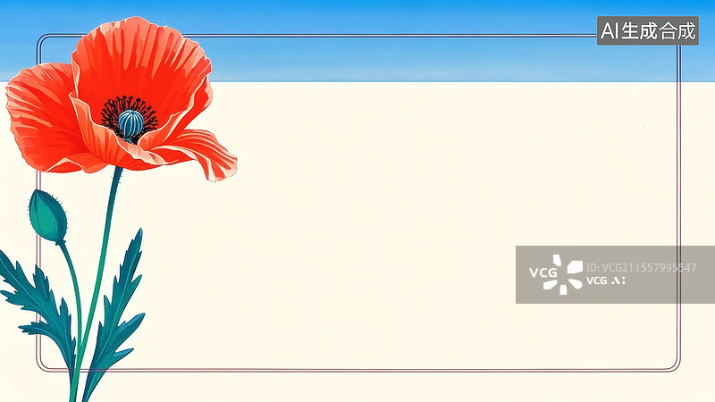 【AI数字艺术】红色罂粟花与蓝天2D卡通居左图片素材