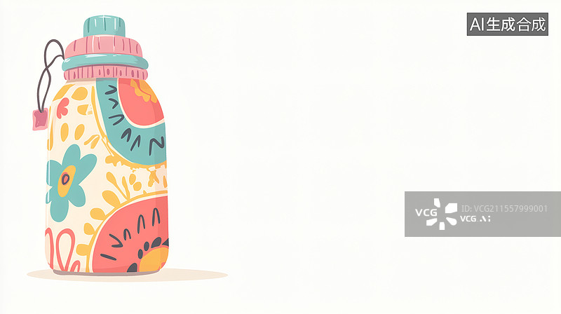 【AI数字艺术】可爱花纹水瓶插画2D卡通居左图片素材