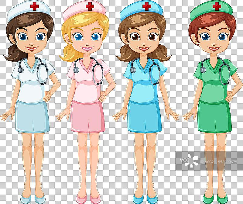 四位穿着各种色彩鲜艳制服的卡通护士图片素材