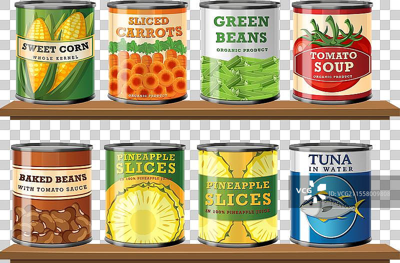 色彩缤纷的罐装食品，包括蔬菜和图片素材