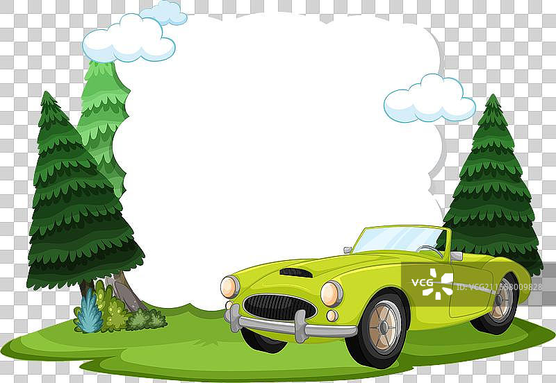 经典的黄色汽车在松树和云朵旁边图片素材