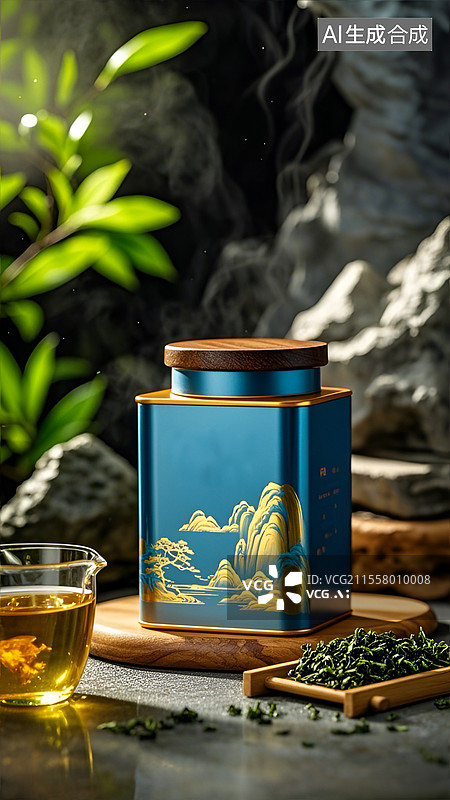 【AI数字艺术】中式风格茶叶罐及周边茶具绿植场景图片素材