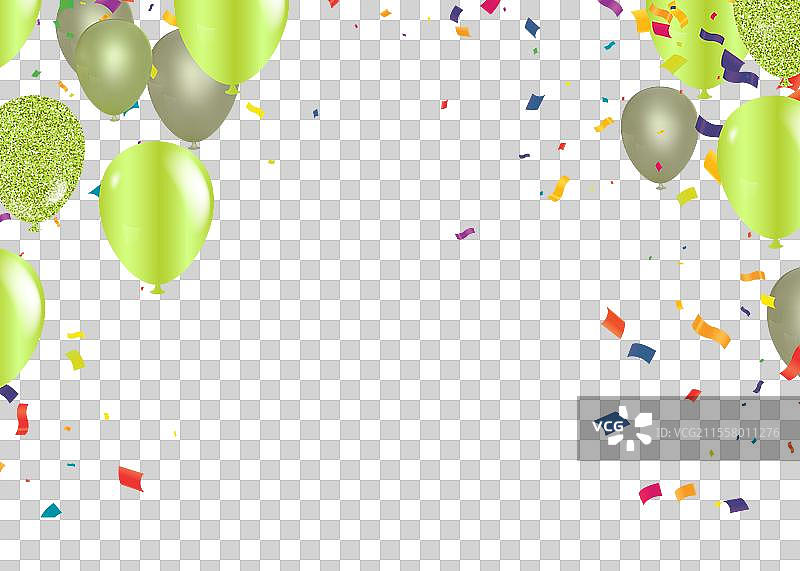 绿色和黄色的气球，配有五彩纸屑和图片素材