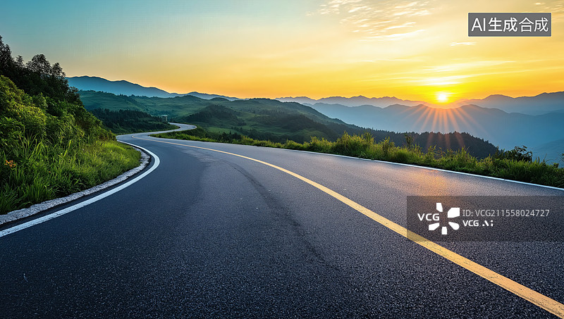【AI数字艺术】无尽公路与落日山峦图片素材