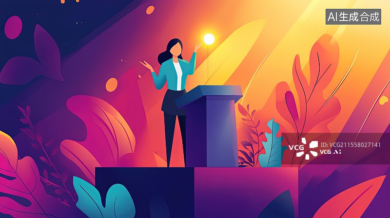 【AI数字艺术】人头攒动的会堂里演讲者正在讲台上的演说演讲图片素材