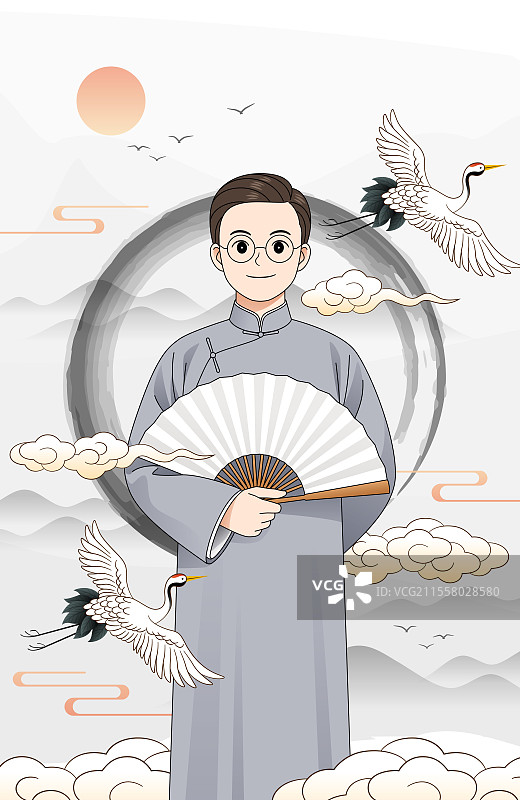 穿中式长衫大褂马褂旗袍手拿扇子的民国男人男生帅哥相声曲艺演员说书人古典怀旧国潮国风中国文化国学插画图片素材