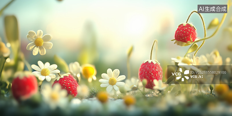 【AI数字艺术】自然草莓花田特写镜头清新照片背景壁纸图片素材