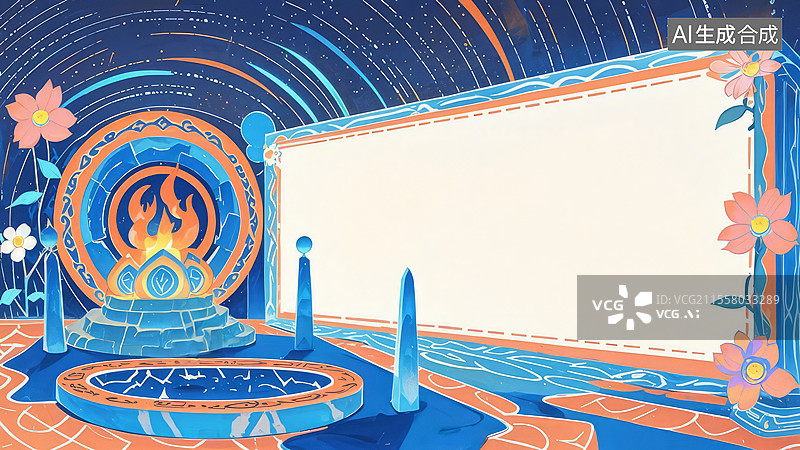 【AI数字艺术】2D卡通居左-国风仙侠-青丘狐火祭坛奇幻插画——神秘祭祀星空符文冷焰图腾手绘图片素材