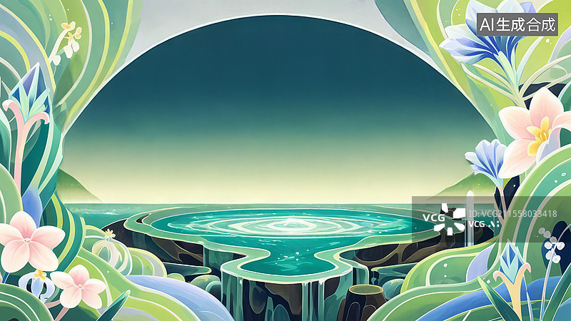 【AI数字艺术】2D卡通两侧-国风仙侠-瀛洲仙岛东方玄幻场景——悬浮岛屿翡翠灵泉玉石建筑能量流-手绘扁平风壁纸背景图片素材
