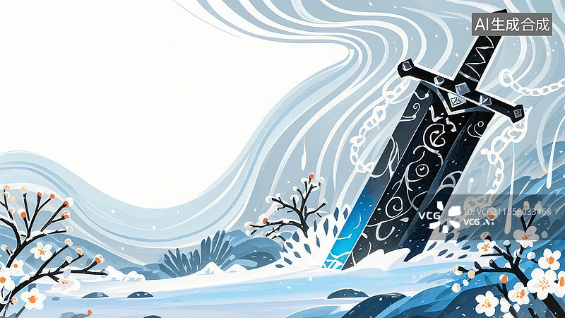 【AI数字艺术】2D卡通居右-国风仙侠-昆仑虚剑冢东方玄幻场景——剑阵咒文暴风雪冰原能量场-手绘扁平风壁纸背景图片素材