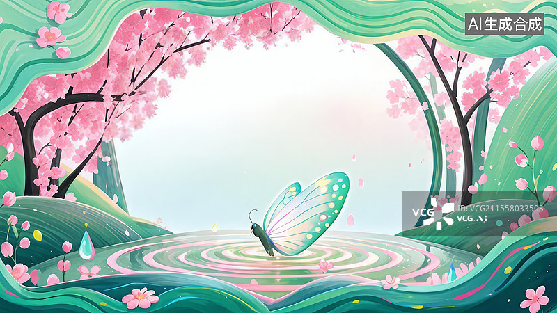 【AI数字艺术】2D卡通最大-国风仙侠背景壁纸-桃林幻蝶东方玄幻插画——灵蝶花瓣荧光能量流动虹光图片素材