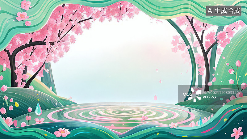 【AI数字艺术】2D卡通环绕-国风仙侠背景壁纸-桃林幻蝶东方玄幻插画——灵蝶花瓣荧光能量流动虹光图片素材