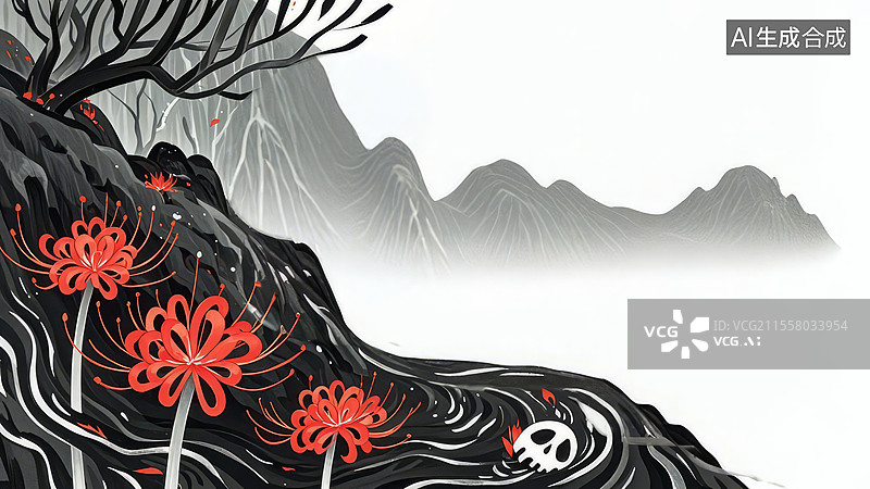 【AI数字艺术】2D卡通左下-国风仙侠-忘川彼岸东方玄幻场景——冥界曼珠沙华白骨桥冥火能量流-手绘扁平风壁纸背景图片素材