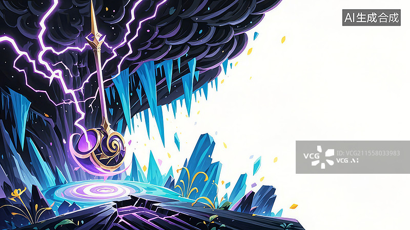 【AI数字艺术】2D卡通居左-国风仙侠-诛仙台深渊东方玄幻场景——紫电符文悬浮法器暗黑能量流-手绘扁平风壁纸背景图片素材