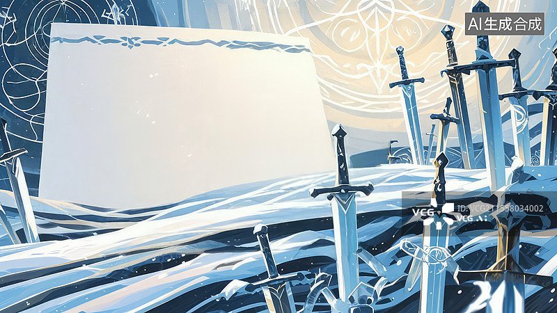【AI数字艺术】2D卡通居右-国风仙侠-昆仑虚剑冢东方玄幻场景——剑阵咒文暴风雪冰原能量场-手绘扁平风壁纸背景图片素材