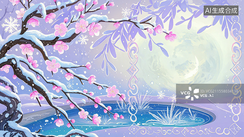 【AI数字艺术】2D卡通-国风仙侠-桃林夜雪东方玄幻场景——冰晶灵力纹路冰湖银芒幽光-手绘扁平风壁纸背景图片素材