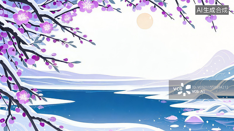 【AI数字艺术】2D卡通左上-国风仙侠-桃林夜雪东方玄幻场景——冰晶灵力纹路冰湖银芒幽光-手绘扁平风壁纸背景图片素材
