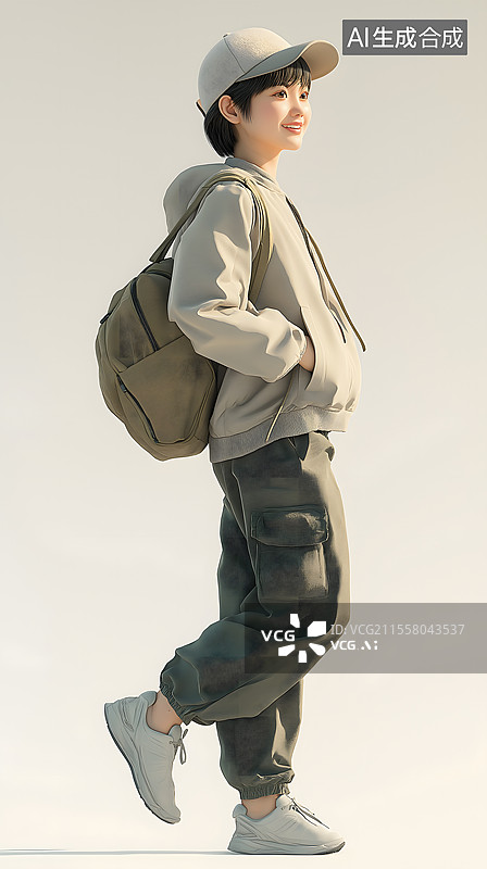 【AI数字艺术】建模风格的一个带着帽子的背着包的年轻女孩图片素材
