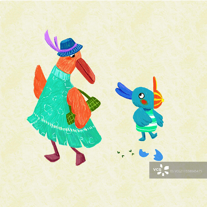 鸭子妈妈和鸭子宝宝走路发现地上有东西图片素材