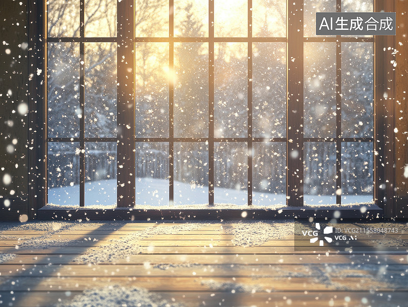 【AI数字艺术】冬日阳光透过窗户洒在木地板上图片素材