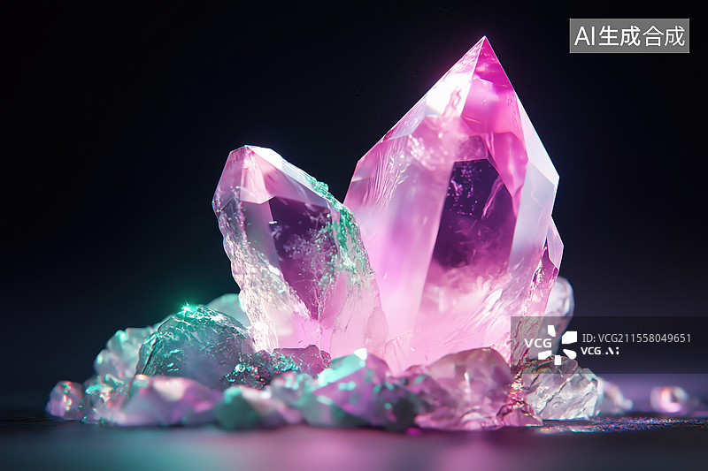 【AI数字艺术】黑色地面的西瓜碧玺多面体原矿晶体3D立体插画图片素材