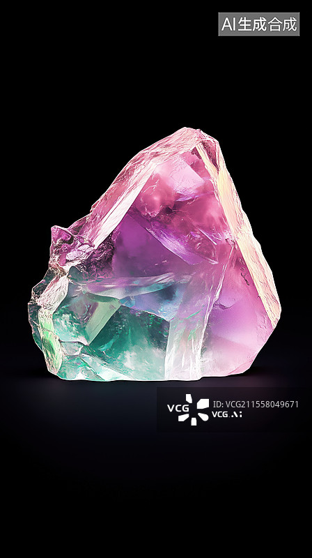 【AI数字艺术】黑色地面的西瓜碧玺多面体原矿晶体3D立体插画图片素材