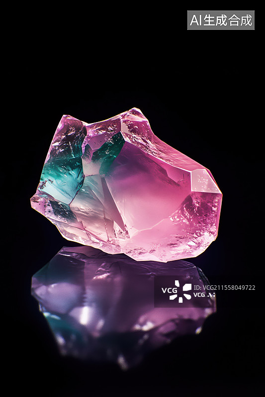 【AI数字艺术】黑色地面的西瓜碧玺多面体原矿晶体3D立体插画图片素材